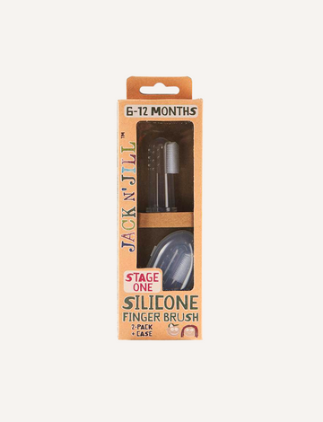 Here is a rewritten version of the sentence using the given product data:

The Silicone Finger Brush - Stage 1 by Jack N' Jill comes in a package designed for infants aged 6-12 months. The package includes two brushes and a case, and it is made of environmentally-friendly brown material with a transparent window.