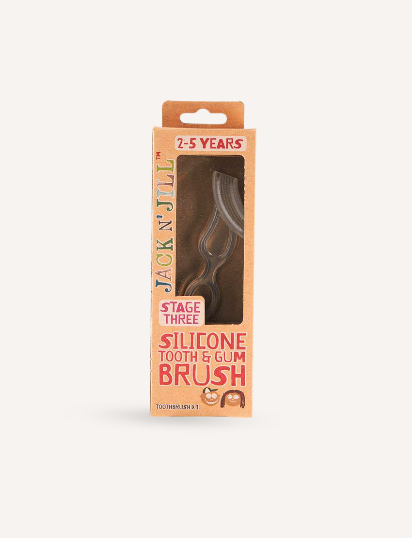 A Jack N' Jill brand Silicone Finger Tooth and Gum Brush - Stage 3 for children aged 2-5 years, packaged in a brown box with a clear window displaying the brush inside.