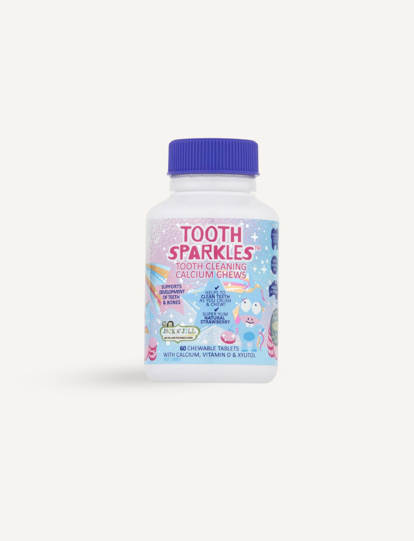 A bottle of Jack N' Jill "Tooth Sparkles 60 Pack - Tooth Cleaning Chews" with a blue cap. The label features text and cartoon images, stating that the chews support clean teeth, bone health, and fresh breath. It contains 60 chewable tablets with calcium, Vitamin D, and Xylitol.