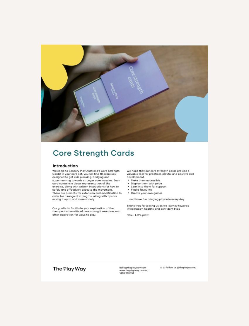A hand holds a purple box labeled "Core Strength Cards Digital Resource" above a table. Text below highlights their role in boosting motor skills and stability. Abstract yellow and blue shapes accent the corners, with The Play Way branding at the bottom.