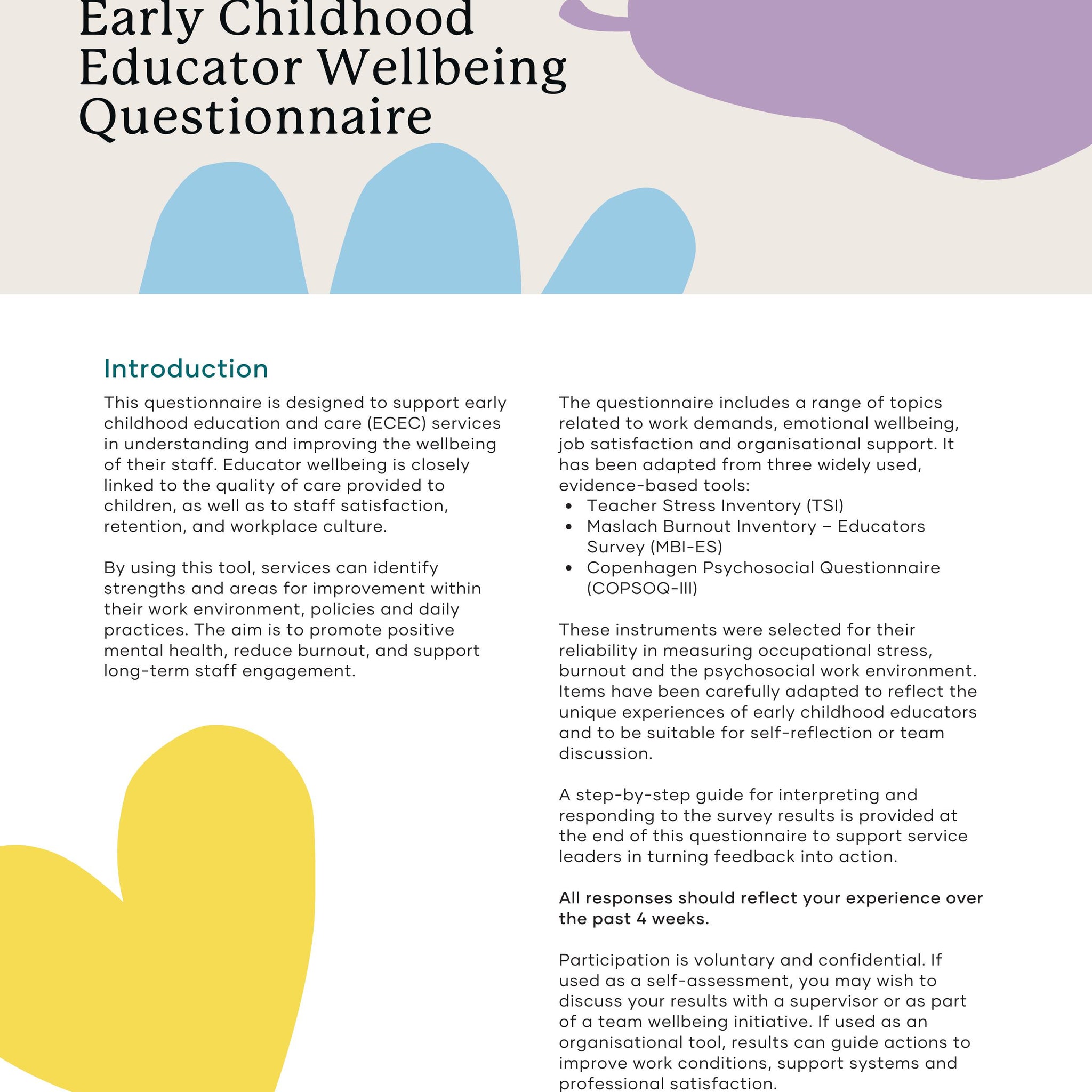 Cover image for 'Early Childhood Educator Wellbeing Questionnaire' with colorful shapes.