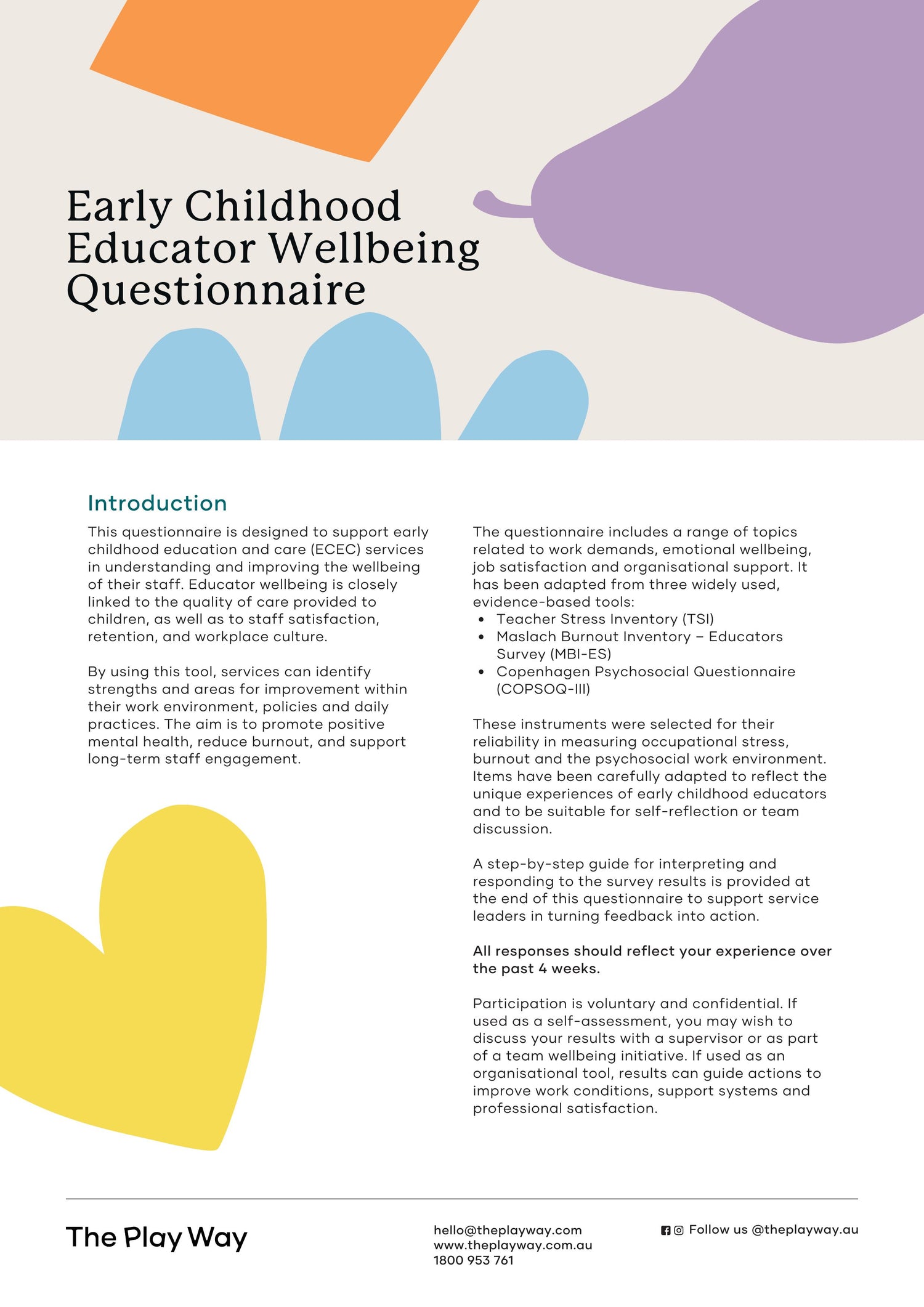 Cover image for 'Early Childhood Educator Wellbeing Questionnaire' with colorful shapes.