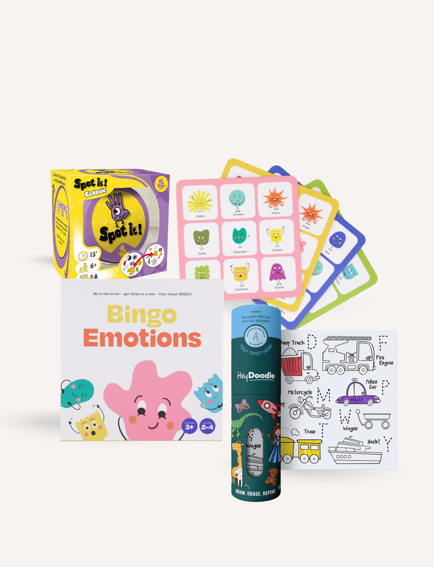 The Play Way's Easy Pack Camping Fun Tools Bundle includes educational children's games like "Spot It!," the "Bingo Emotions" set, three vibrant number and shape sheets, and a HeyDoodle Mini Mats kit with a reusable vehicle-themed coloring sheet.