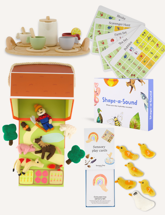 The Play Way's Language + Literacy Professional Development Package offers children's educational toys to boost emotional and early literacy skills, featuring a tea set, block game cards, scavenger hunts, a farm playset, sensory cards, and bird-shaped felt pieces labeled with numbers for child development.