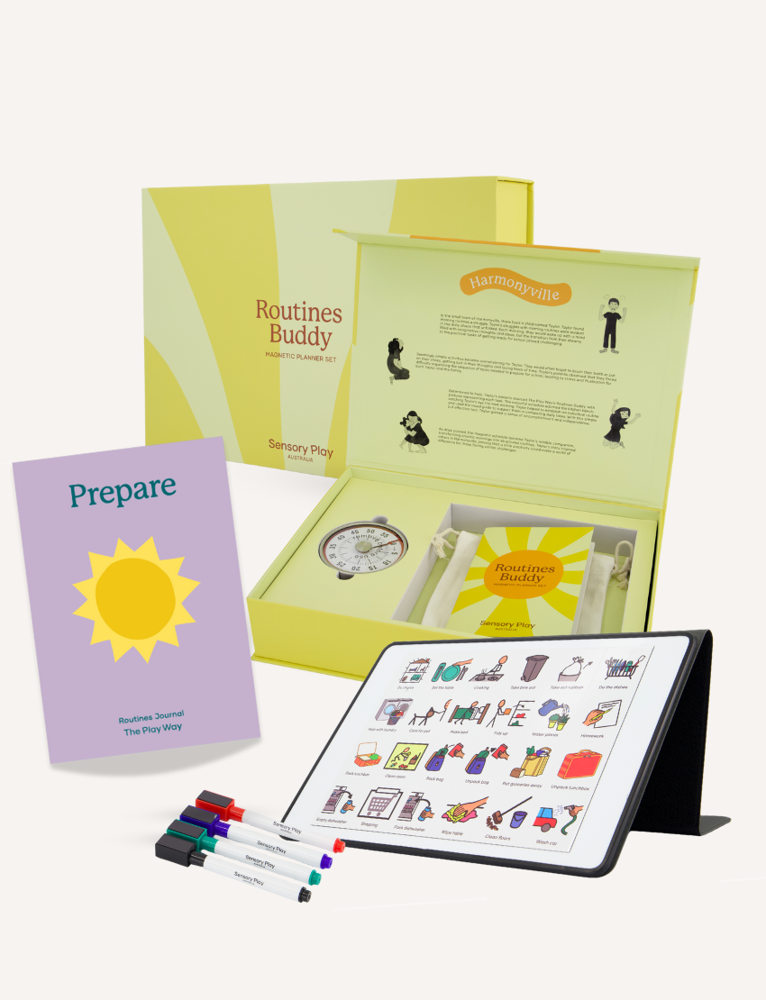 Routines Buddy sensory play planner set including a journal, magnetic planner, and markers.