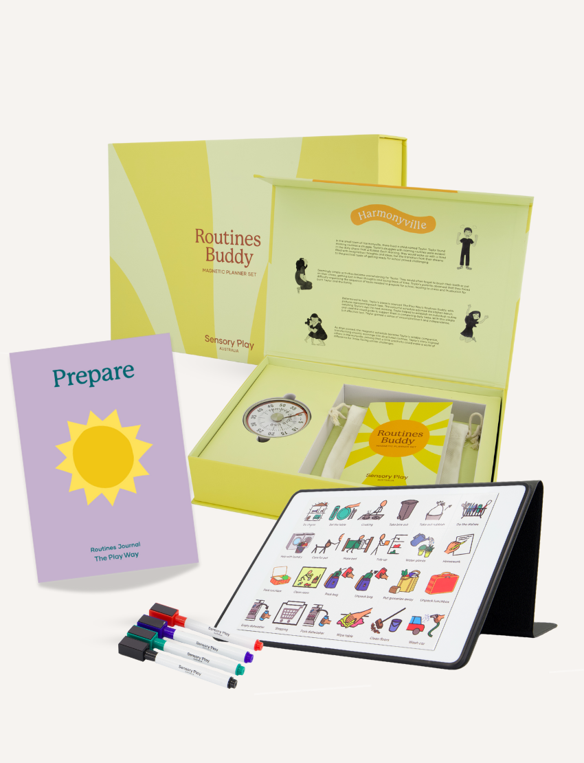 The Routines Professional Development Package by The Play Way features a "Prepare" booklet, tray with clock and markers, icon-filled chart stand, all in a box labeled "Sensory Play," adorned with the Harmonyville logo to promote executive function in sensory-friendly areas.