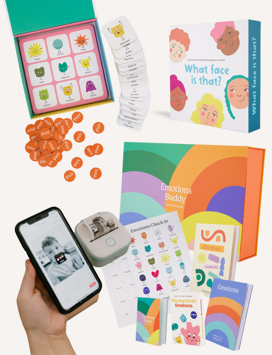 The Play Way's "Emotional Literacy Professional Development Package" offers a smartphone app, emotion cards, "What face is that?" card game, vibrant "Emotions Buddy" booklets, and round orange tokens with icons to enhance emotional literacy.