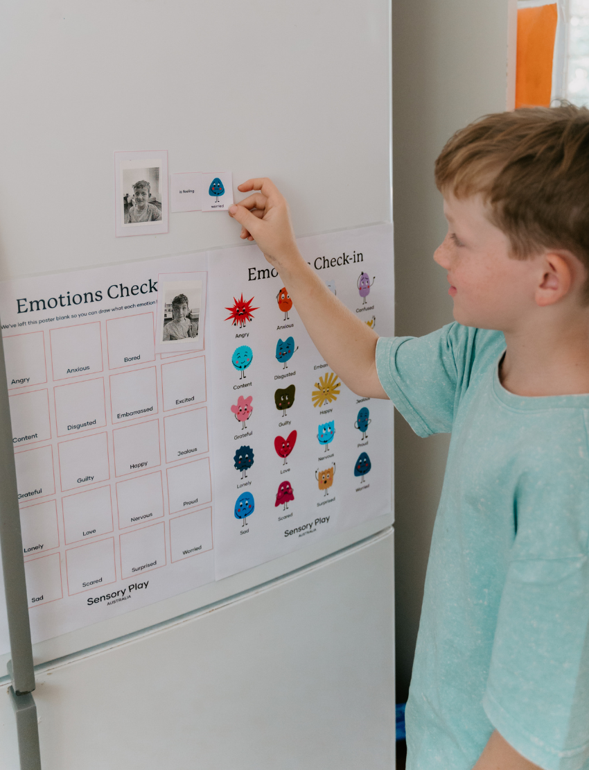 A woman and two children are at a table playing "Emotions Part 1: Naming our Feelings Program" by The Play Way. The woman holds a pouch, while a smiling child displays a card with pictures. The game box is open, and colorful images decorate the background wall.