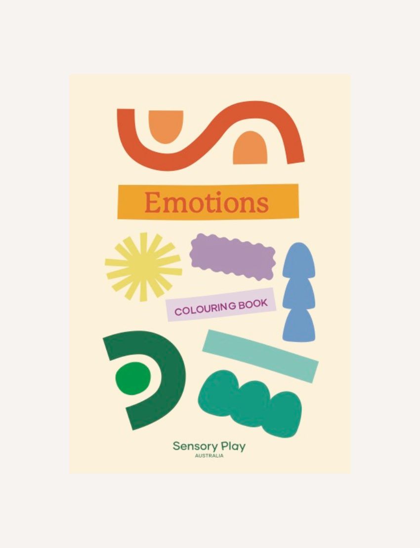 The Play Way’s "Emotions Colouring Book Digital Resource" features abstract colorful shapes, emotion characters, and “COLOURING BOOK” on a light cover, supporting emotional literacy.