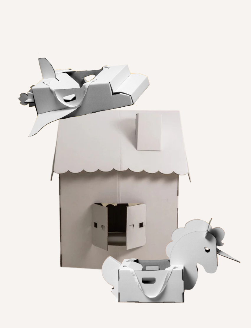 The Family Les Petite Artistes Imagination Bundle by Les Petite Artistes includes a cardboard playhouse with a front door and scalloped roof, complemented by a cardboard airplane and unicorn head for imaginative fun. These fold-and-flap designs inspire creativity without needing paint or intricate details.