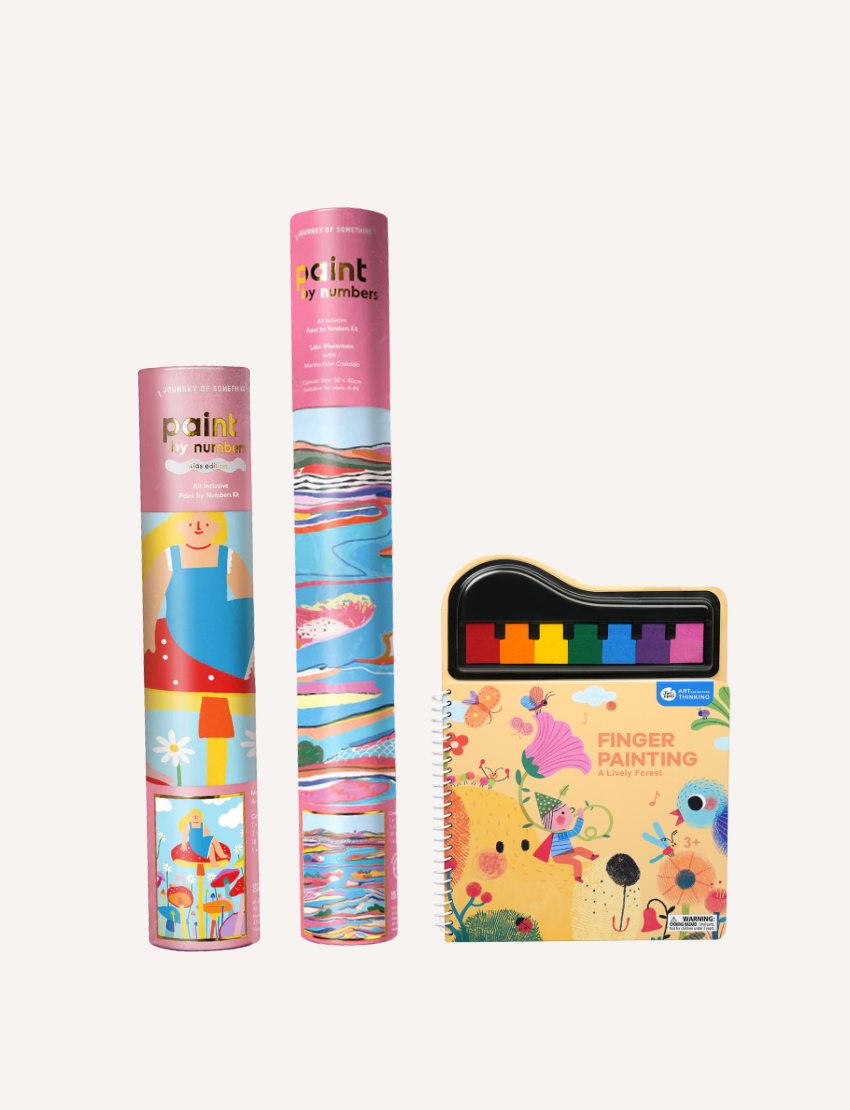 The Play Way's Family Paint & Play Bundle includes two cylindrical Kids Paint by Numbers kits with vibrant designs and a spiral-bound finger painting book featuring a top paint palette and playful cover illustrations.