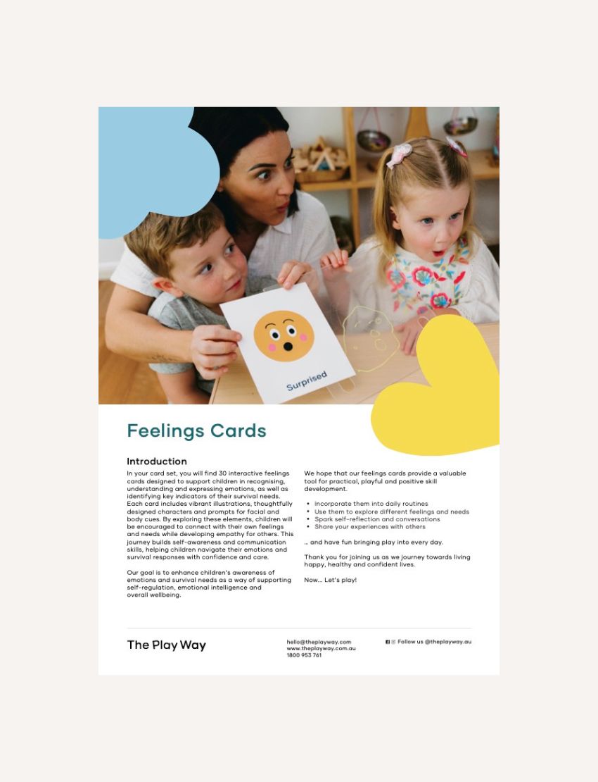 A woman sits with two young children, holding up The Play Way's Feelings Cards Digital Resource showing a surprised emoji. Text below introduces the cards and emotional literacy, perfect for early childhood settings.
