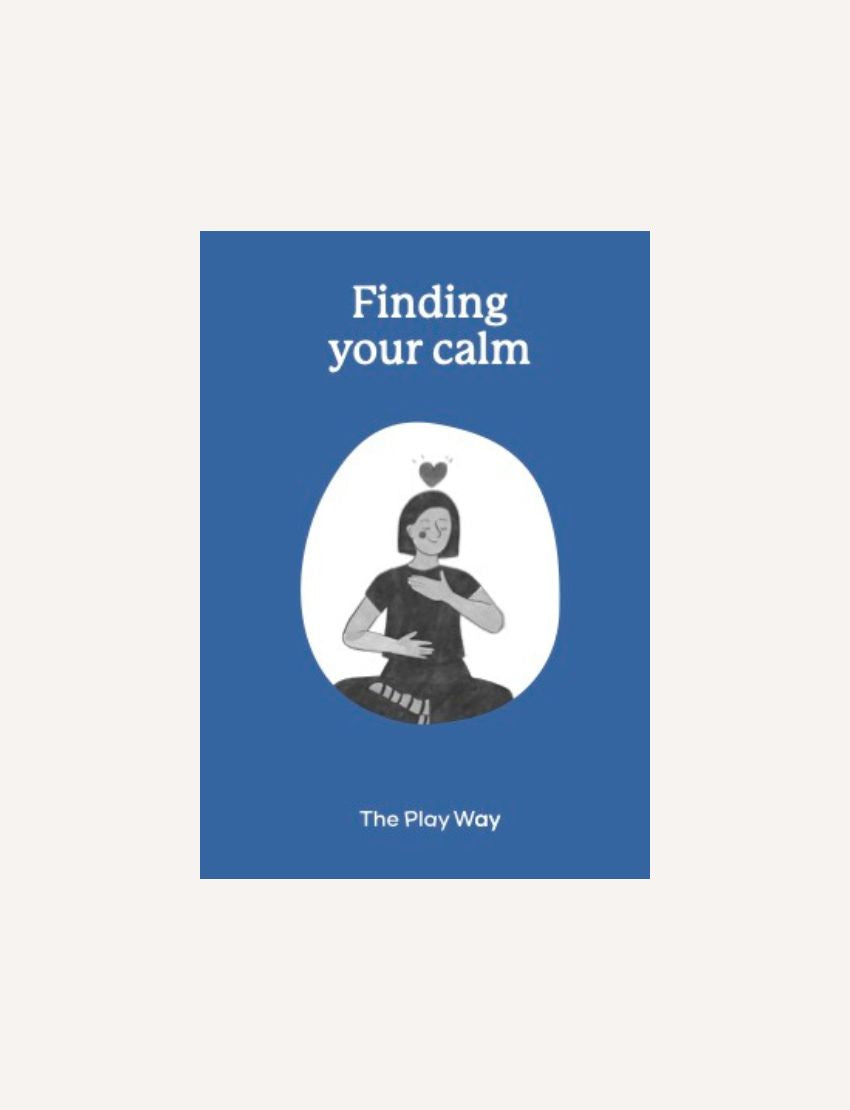 A blue book cover titled "Calm Down Story Book Digital Resource" features an illustration of a person practicing emotional regulation. "The Play Way" appears at the bottom as the brand name.