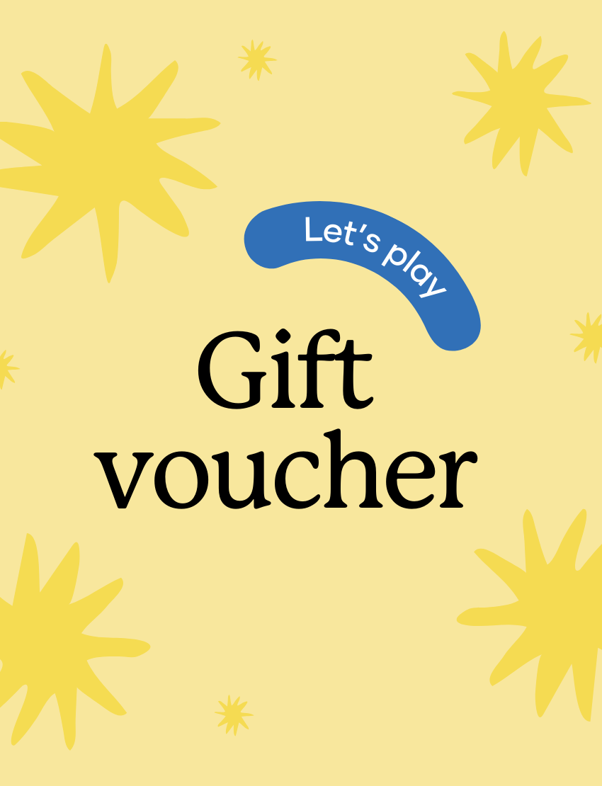 A 'Let's play' gift voucher design with a yellow background, blue speech bubble, and yellow starbursts.