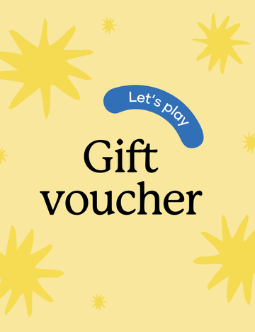 The Play Way Gift Card features a yellow background adorned with scattered star shapes, prominently displaying "Gift voucher" in bold black letters. Above this, a blue curved shape with the words "Let's play" in white offers the perfect touch, making it an ideal gift option. Additionally, this card never expires!