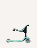 The Go Up Sporty Lights 360 is a mint green children's scooter by Globber, featuring a detachable seat and three wheels. The front wheels are equipped with colorful LED lights, and the handlebar is adjustable.