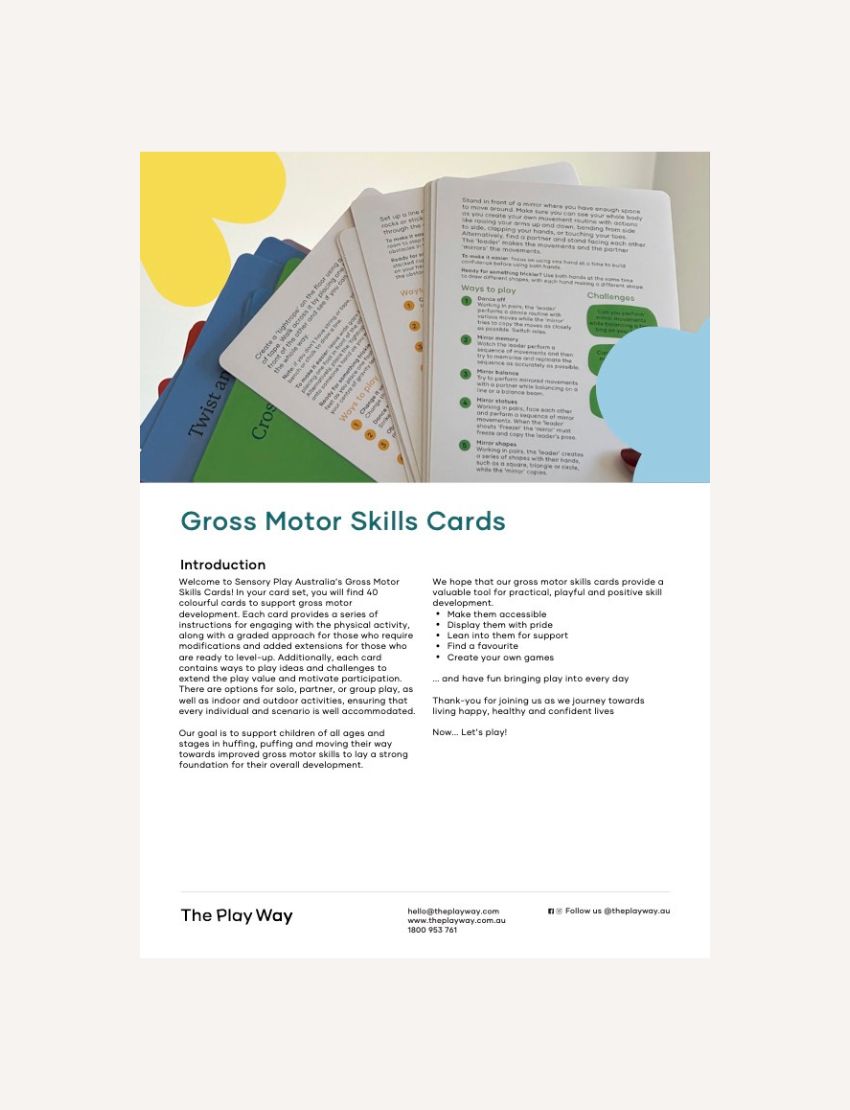 A flyer features "Gross Motor Skills Cards Digital Resource" by The Play Way, with an intro and benefits for physical development. Five colorful sample cards are fanned at the top, showing activities. Contact info for The Play Way is at the bottom.
