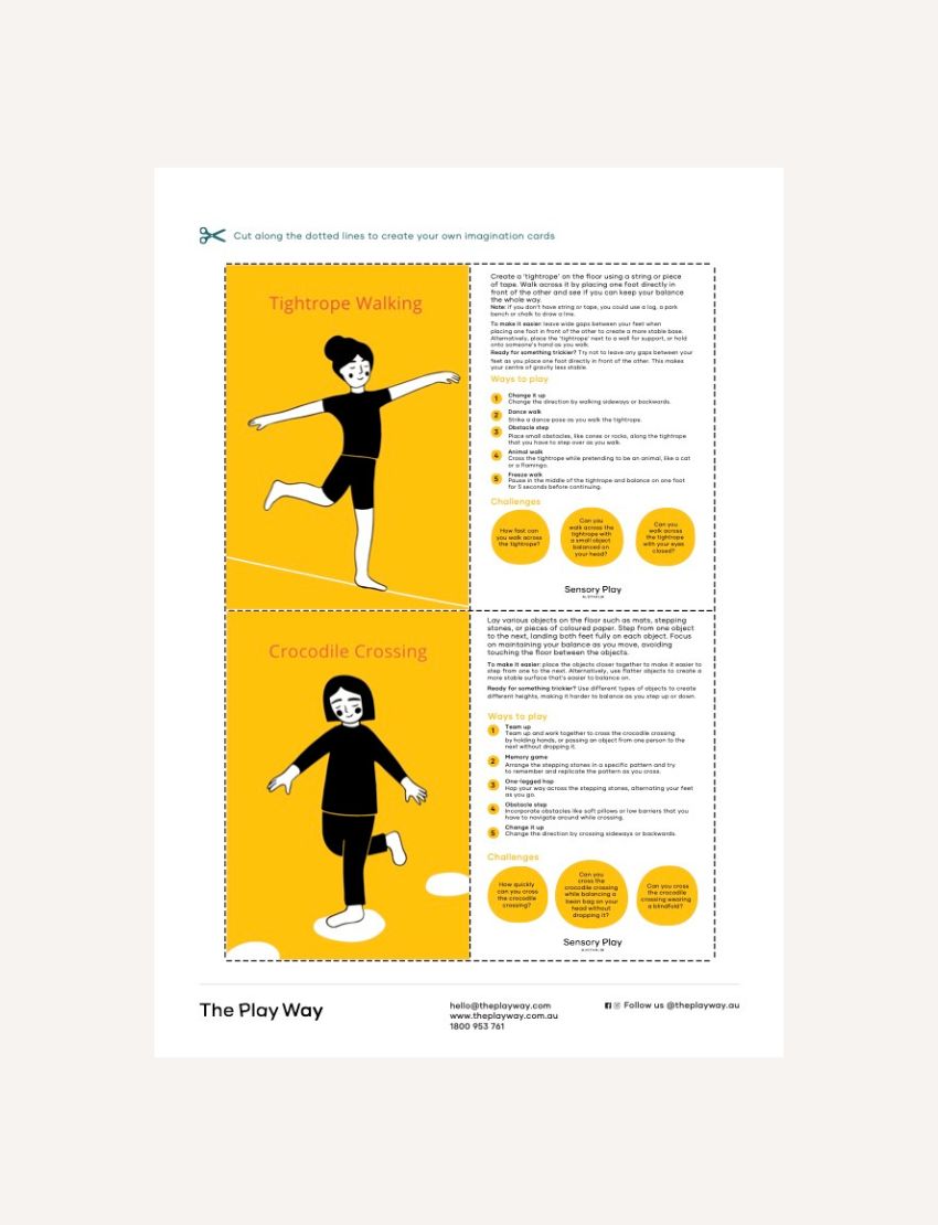 A flyer features "Gross Motor Skills Cards Digital Resource" by The Play Way, with an intro and benefits for physical development. Five colorful sample cards are fanned at the top, showing activities. Contact info for The Play Way is at the bottom.