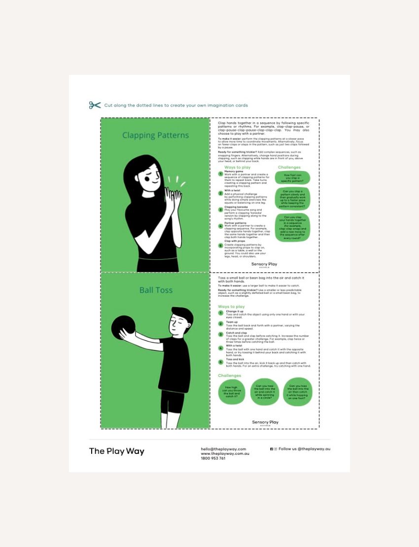 A flyer features "Gross Motor Skills Cards Digital Resource" by The Play Way, with an intro and benefits for physical development. Five colorful sample cards are fanned at the top, showing activities. Contact info for The Play Way is at the bottom.