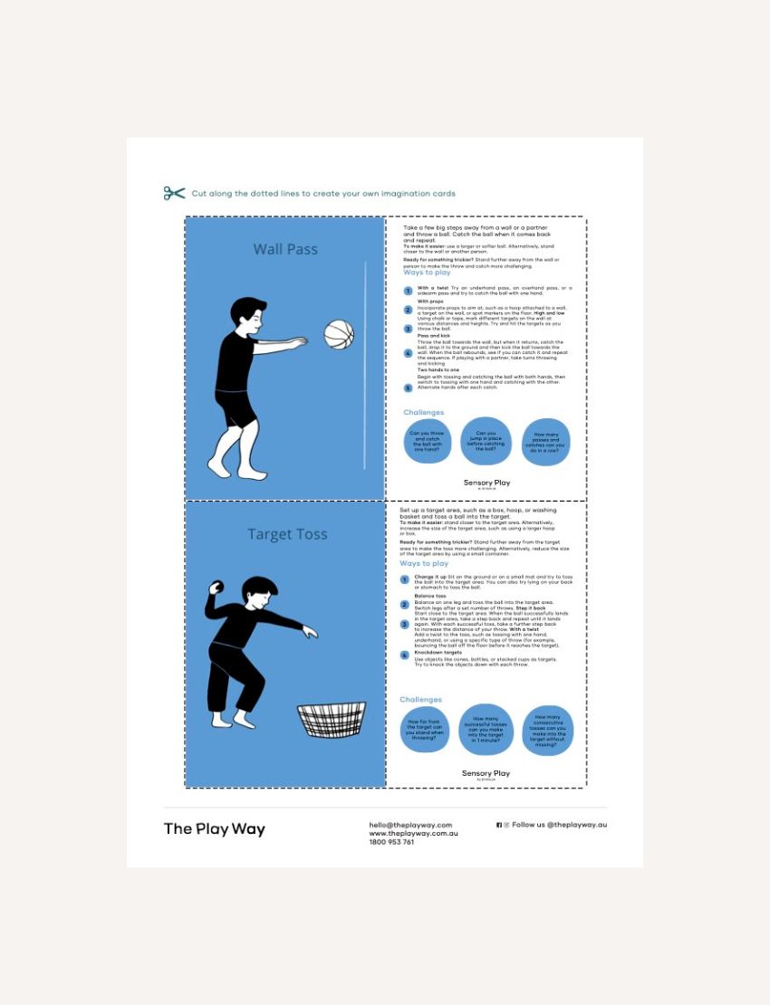 A flyer features "Gross Motor Skills Cards Digital Resource" by The Play Way, with an intro and benefits for physical development. Five colorful sample cards are fanned at the top, showing activities. Contact info for The Play Way is at the bottom.