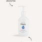 Two white pump bottles of Melo's Melo Body Lotion are shown. The front bottle displays the product name and a blue droplet logo, while the back bottle lists the ingredients and usage instructions. Both 250ml/8.45fl oz bottles are ideal for sensitive skin and proudly cruelty-free.