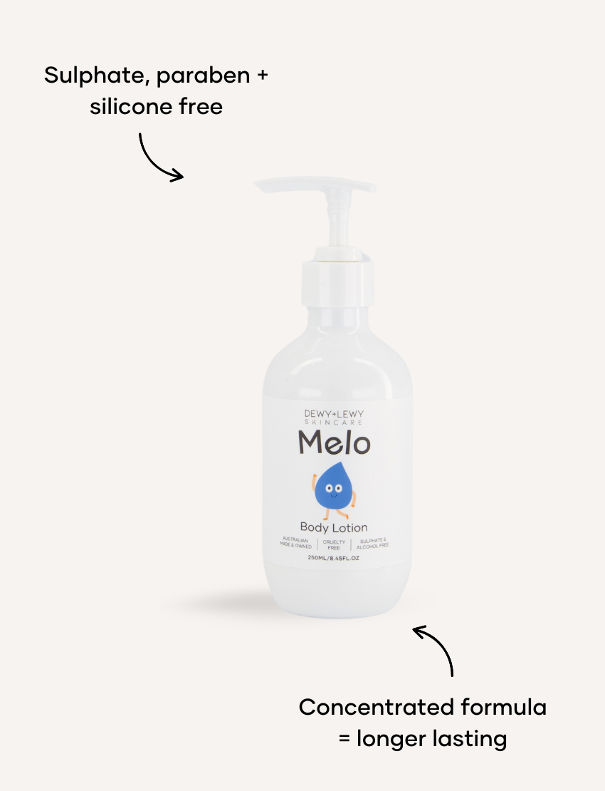 Two white pump bottles of Melo's Melo Body Lotion are shown. The front bottle displays the product name and a blue droplet logo, while the back bottle lists the ingredients and usage instructions. Both 250ml/8.45fl oz bottles are ideal for sensitive skin and proudly cruelty-free.