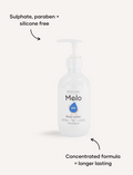 Melo Body Lotion bottle: front view. Sulphate, paraben, silicone-free. Concentrated formula = longer lasting.