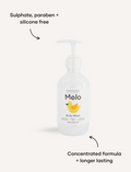 Melo Body Wash bottle: front view. Sulphate, paraben, silicone-free. Concentrated formula = longer lasting.