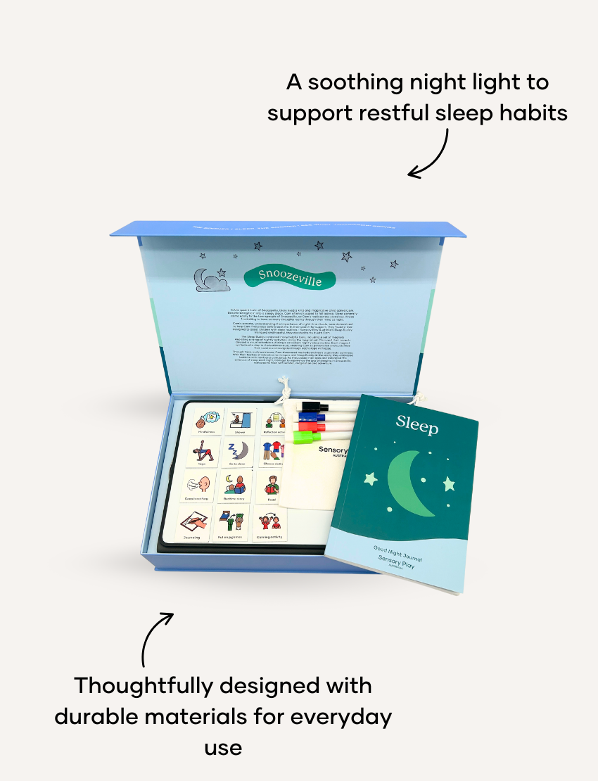 The Sleep Buddy by Sensory Play Australia is a delightful sleep-themed gift box featuring the children's book "Finley's Night-time Journey," a soothing bedtime routine board game, a comforting "Sweet Dreams" night light, and an informative booklet titled "Sleep." These items are elegantly organized in an open teal box to create the ideal sleep companion for your little one.