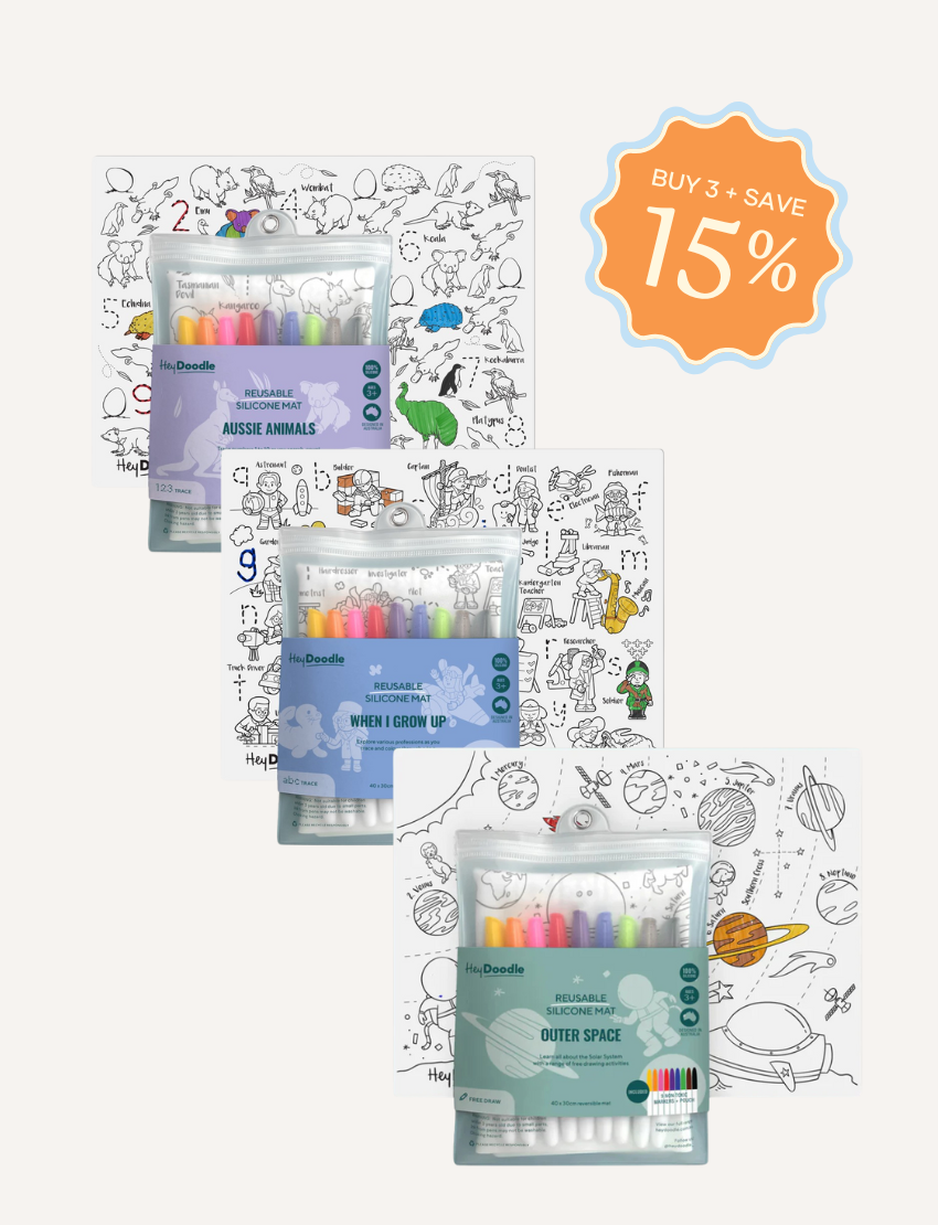 HeyDoodle reusable silicone mats for kids' art: space, animals, and growth themes with markers.