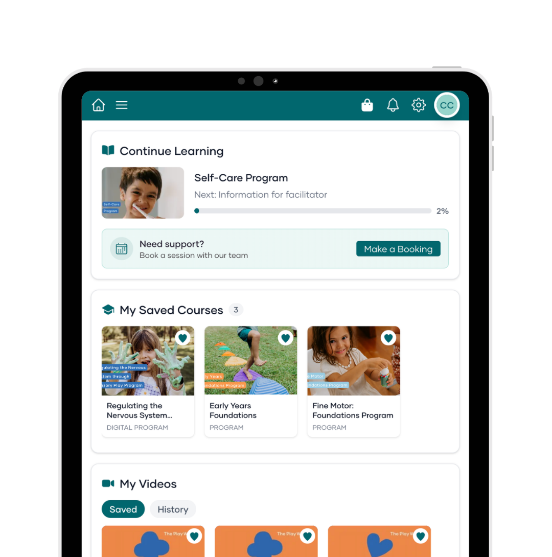 Educational app interface on a tablet screen with various courses and videos displayed.