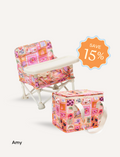 The IZIMINI Chair and Lunch Bag Bundle features three baby chairs with trays in colorful patterns—purple checkered, pink-themed, and blue-themed—ideal for ages 6 months to 3 years. A 