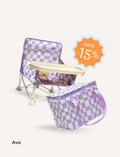 The IZIMINI Chair and Lunch Bag Bundle features three baby chairs with trays in colorful patterns—purple checkered, pink-themed, and blue-themed—ideal for ages 6 months to 3 years. A 