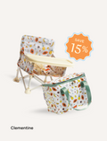 The IZIMINI Chair and Lunch Bag Bundle features three baby chairs with trays in colorful patterns—purple checkered, pink-themed, and blue-themed—ideal for ages 6 months to 3 years. A 