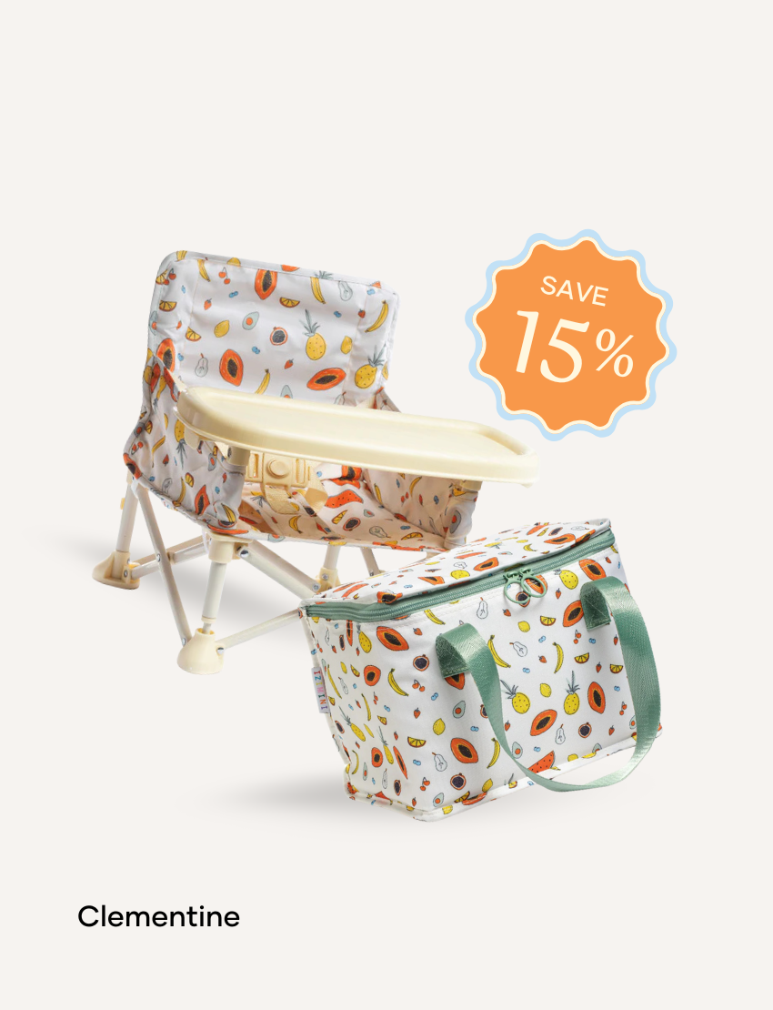 The IZIMINI Chair and Lunch Bag Bundle features three baby chairs with trays in colorful patterns—purple checkered, pink-themed, and blue-themed—ideal for ages 6 months to 3 years. A "Save 15%" badge is in the top right corner.