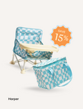 The IZIMINI Chair and Lunch Bag Bundle features three baby chairs with trays in colorful patterns—purple checkered, pink-themed, and blue-themed—ideal for ages 6 months to 3 years. A 