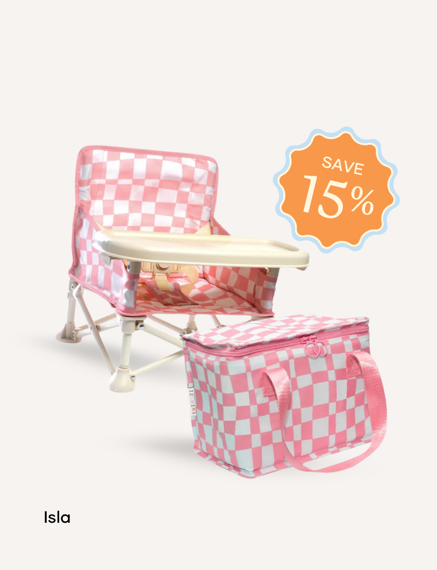 The IZIMINI Chair and Lunch Bag Bundle features three baby chairs with trays in colorful patterns—purple checkered, pink-themed, and blue-themed—ideal for ages 6 months to 3 years. A "Save 15%" badge is in the top right corner.