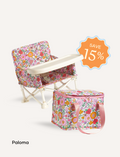 The IZIMINI Chair and Lunch Bag Bundle features three baby chairs with trays in colorful patterns—purple checkered, pink-themed, and blue-themed—ideal for ages 6 months to 3 years. A 