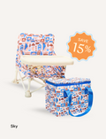 The IZIMINI Chair and Lunch Bag Bundle features three baby chairs with trays in colorful patterns—purple checkered, pink-themed, and blue-themed—ideal for ages 6 months to 3 years. A 