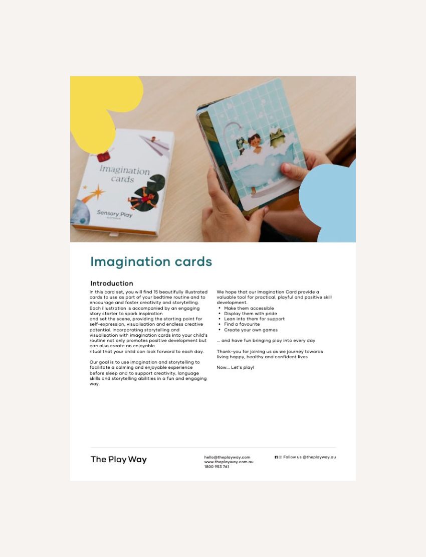 Close up of Imagination cards product packaging and description page for The Play Way.