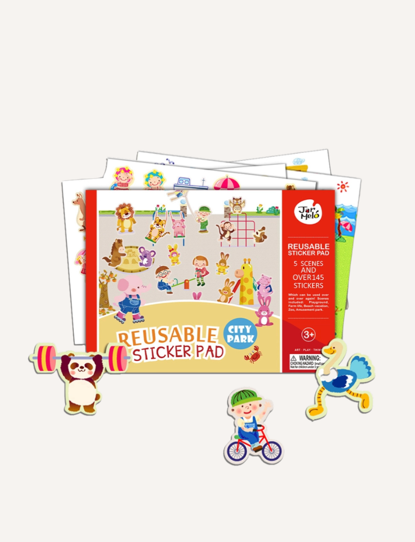 Reusable sticker pad box and loose animal stickers, featuring a panda, ostrich, and boy on a bike.