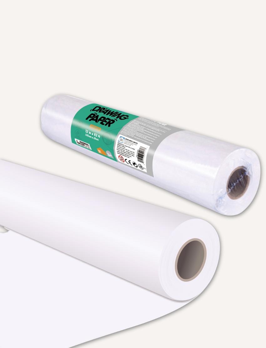 A roll of Jar Melo's Drawing Paper Roll with a label showcasing product details. The roll is partially extended to reveal the smooth texture of the white paper.