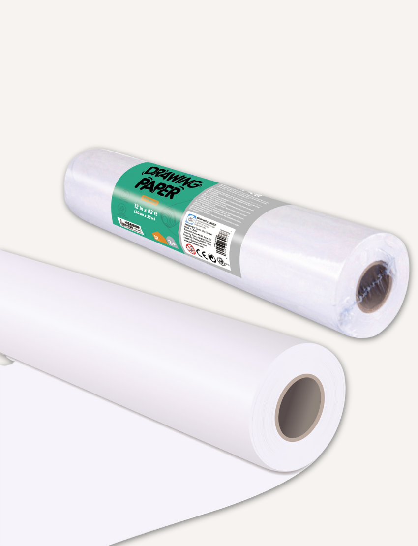 Two rolls of white drawing paper, one partially unrolled, showcasing a large roll for creative projects.
