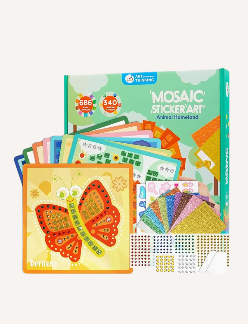 Children are seated at a table, engrossed in the Mosaic Sticker Art - Animal Homeland by Jar Melo. In front of them are vibrant boards and sheets filled with stickers showcasing animals such as crocodiles and fish. Their hands are busy applying the stickers to complete the designs.