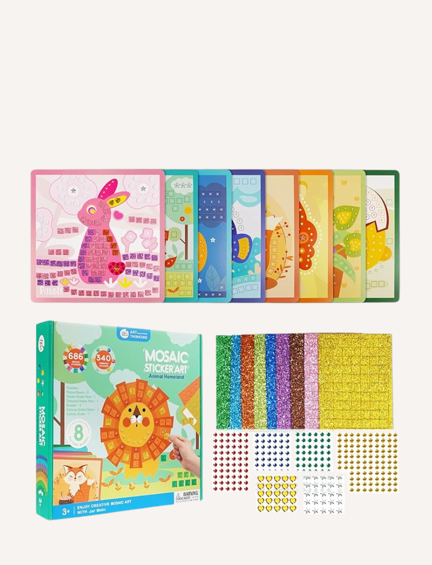 Complete Mosaic Sticker Art kit for kids featuring animal designs like a lion and fox, colorful glitter sheets, and gem stickers.