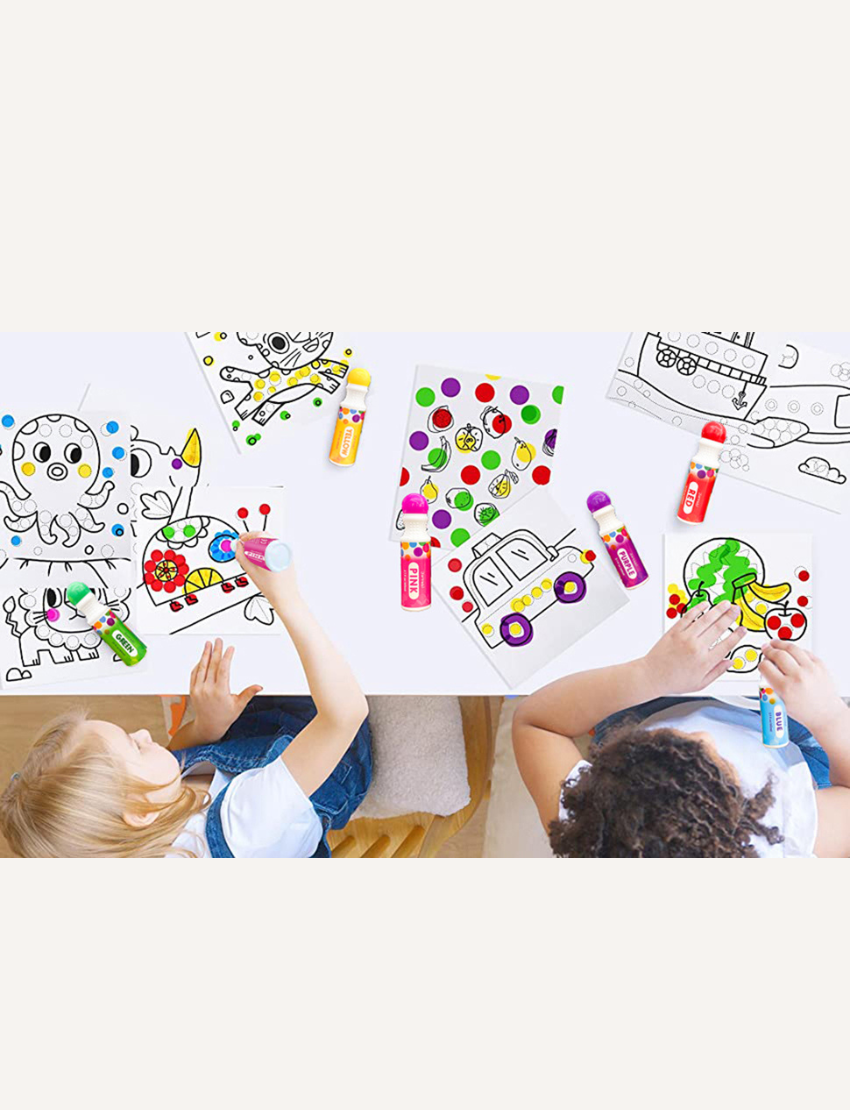 A vibrant box labeled "Dot Markers Kit" from Jar Melo is adorned with eye-catching designs, marker illustrations, and text that highlights its features: 6 colors, 10 dot markers, and 108 pages. It's an ideal tool for boosting hand-eye coordination and color recognition in children aged 3 and up.