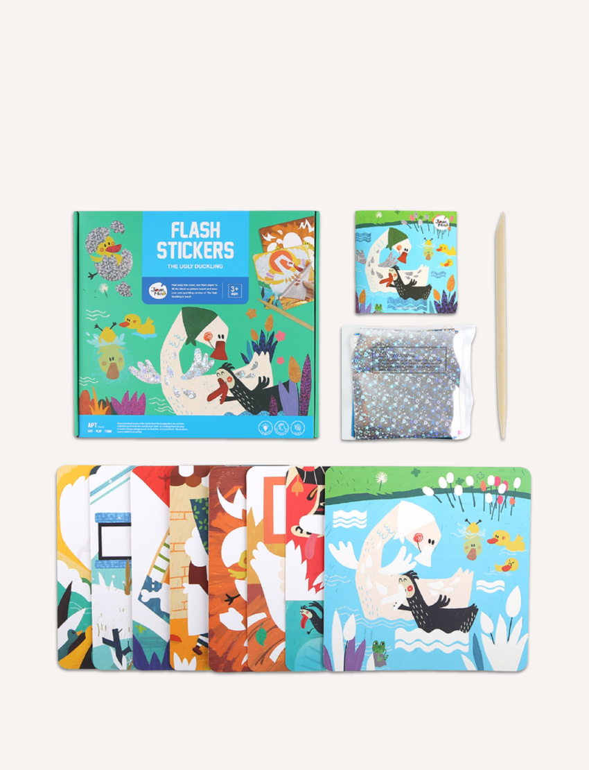 Flash Stickers 'The Ugly Duckling' kit, including artwork, stickers, and materials, plus a completed swan scene.