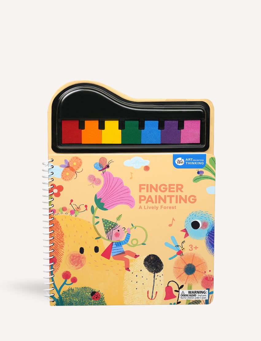 Two children explore a page from the Finger Painting - A Lively Forest book by Jar Melo, showcasing a vibrant xylophone. One child points at small images of acorns and leaves featured on the page. The book offers instructions and bold, colorful shapes to aid learning.