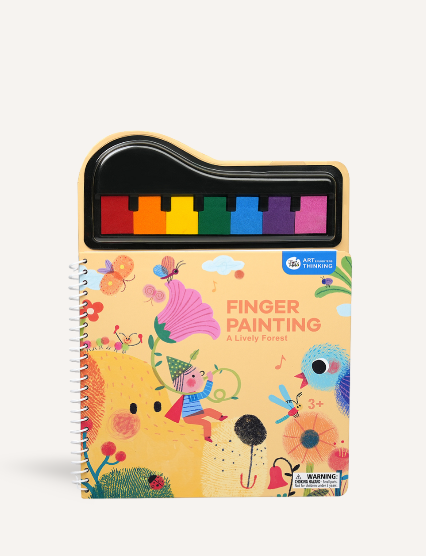 The Play Way 'Finger Painting A Lively Forest' activity book cover with whimsical forest scene and piano keys.