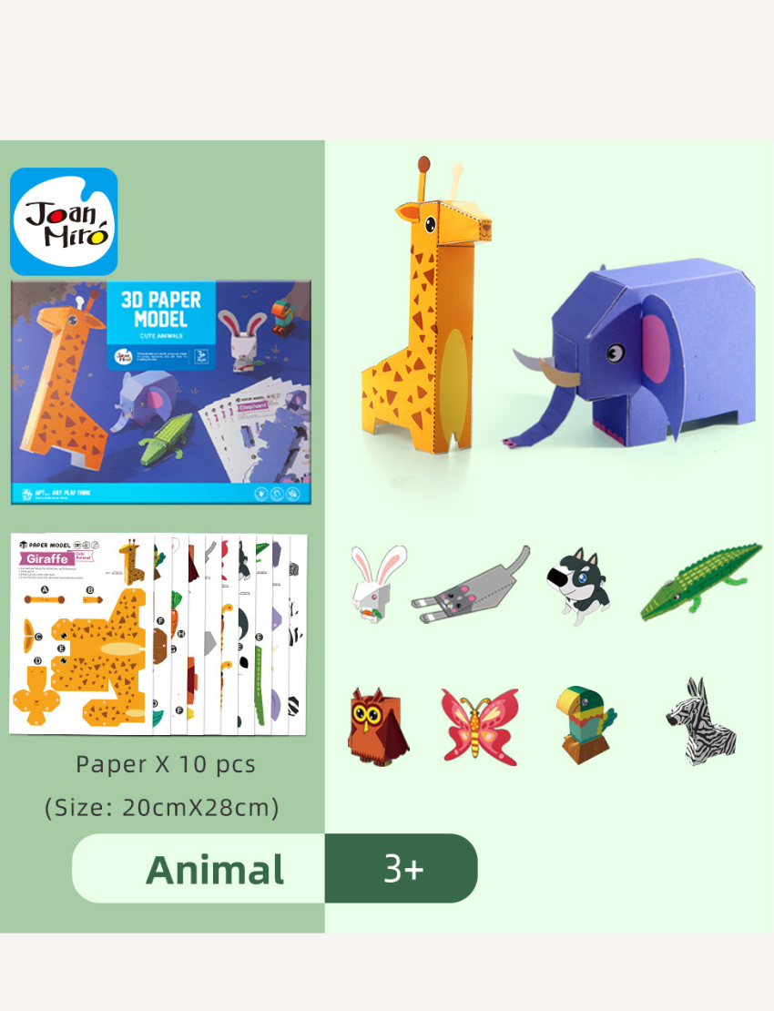 A box of a 3D Paper Model kit labeled "3D Paper Model - Cute Animals" by Jar Melo for ages 3+. The box features images of an assembled giraffe, elephant, crocodile, and rabbit, along with sheets for assembly. The predominantly blue packaging is adorned with illustrations and displayed model sheets.